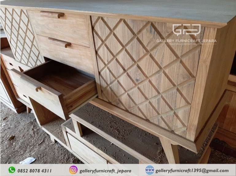 bufet scandinavi geometris kayu jati unfinish 150x40x60 cm @1150 03