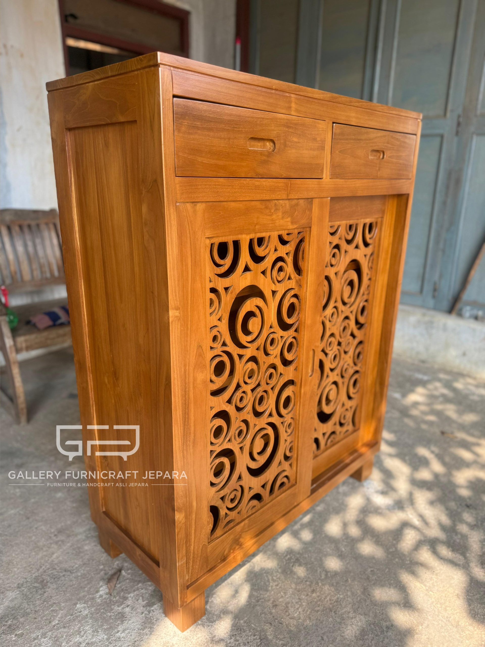 Rak Sepatu Minimalis Tribal 2 Pintu Slide Kayu Jati Perhutani 90x40x120cm @1.6k 02