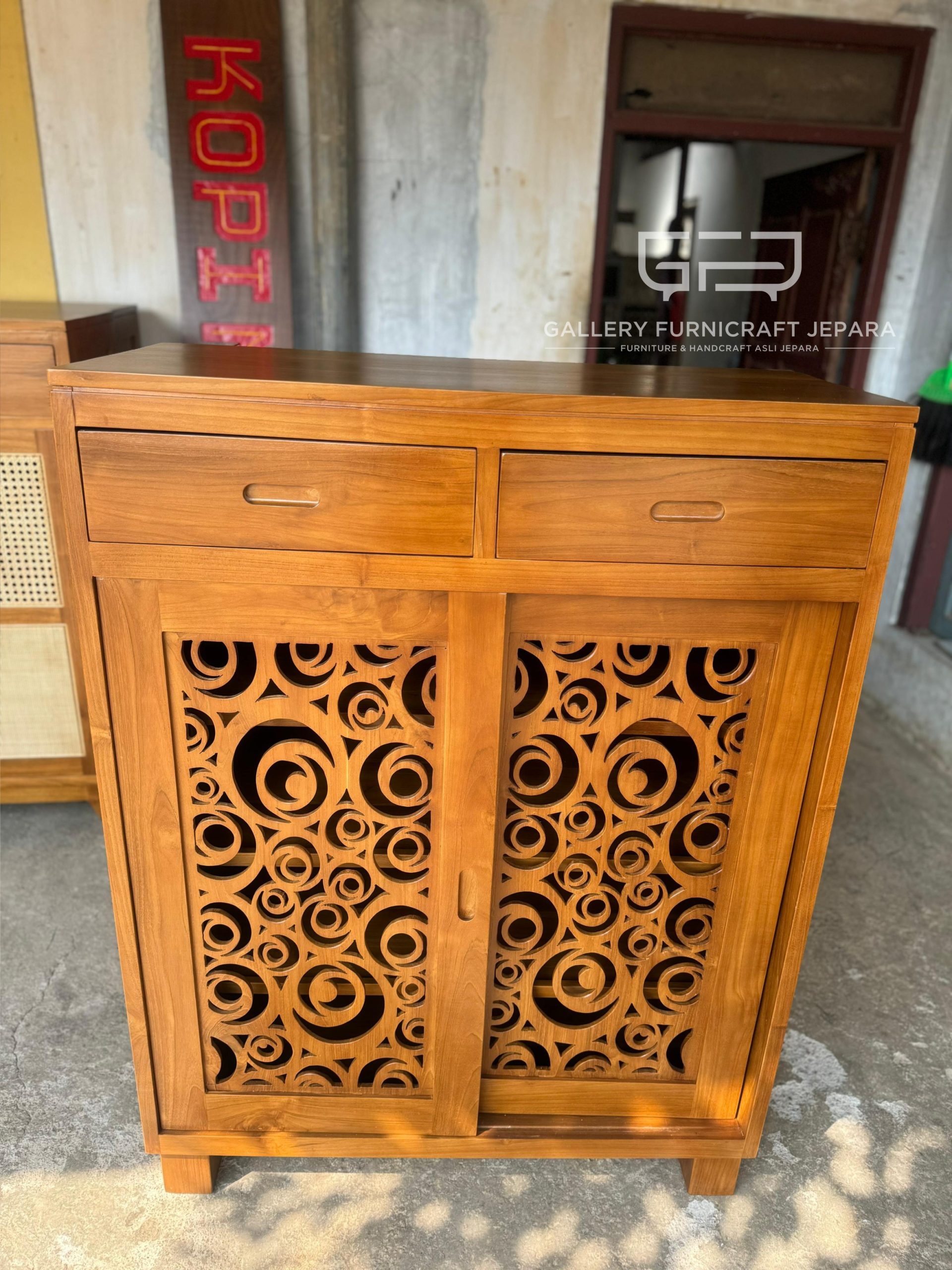 Rak Sepatu Minimalis Tribal 2 Pintu Slide Kayu Jati Perhutani 90x40x120cm @1.6k 03