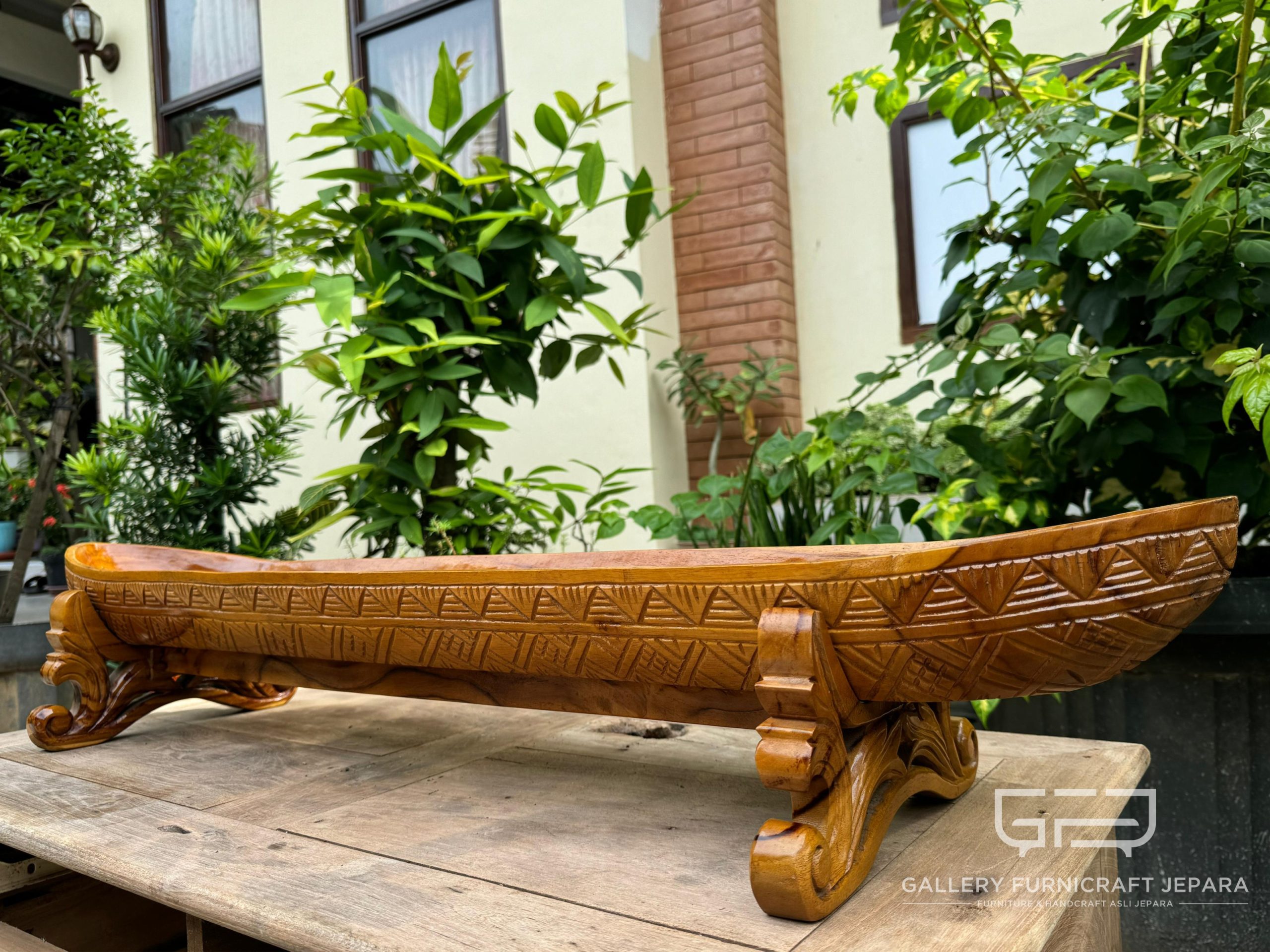 Tempat Buah Perahu Batik Ukir Kayu Jati Solid 100x17x15cm @500 06