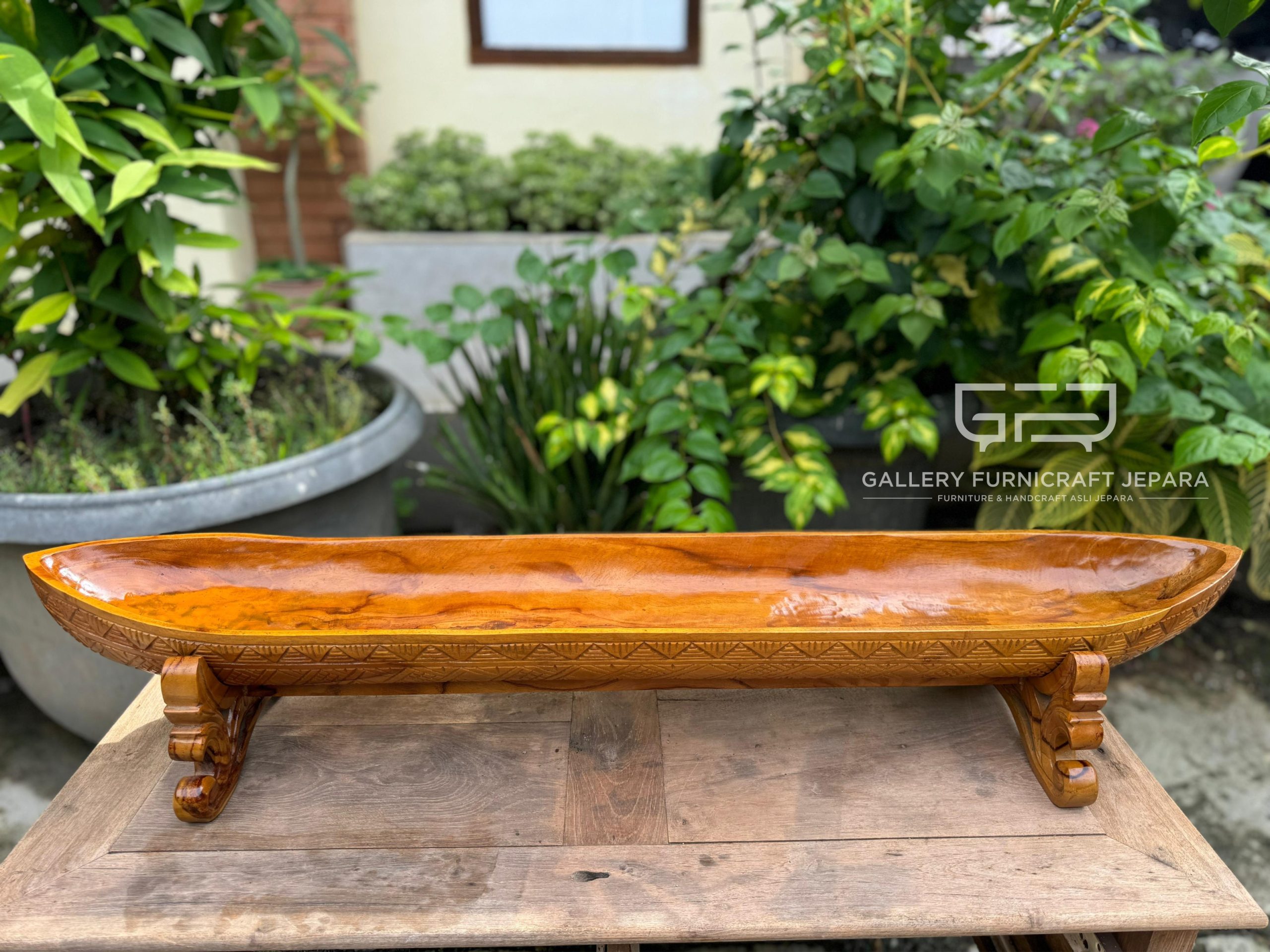 Tempat Buah Perahu Batik Ukir Kayu Jati Solid 100x17x15cm @500 08
