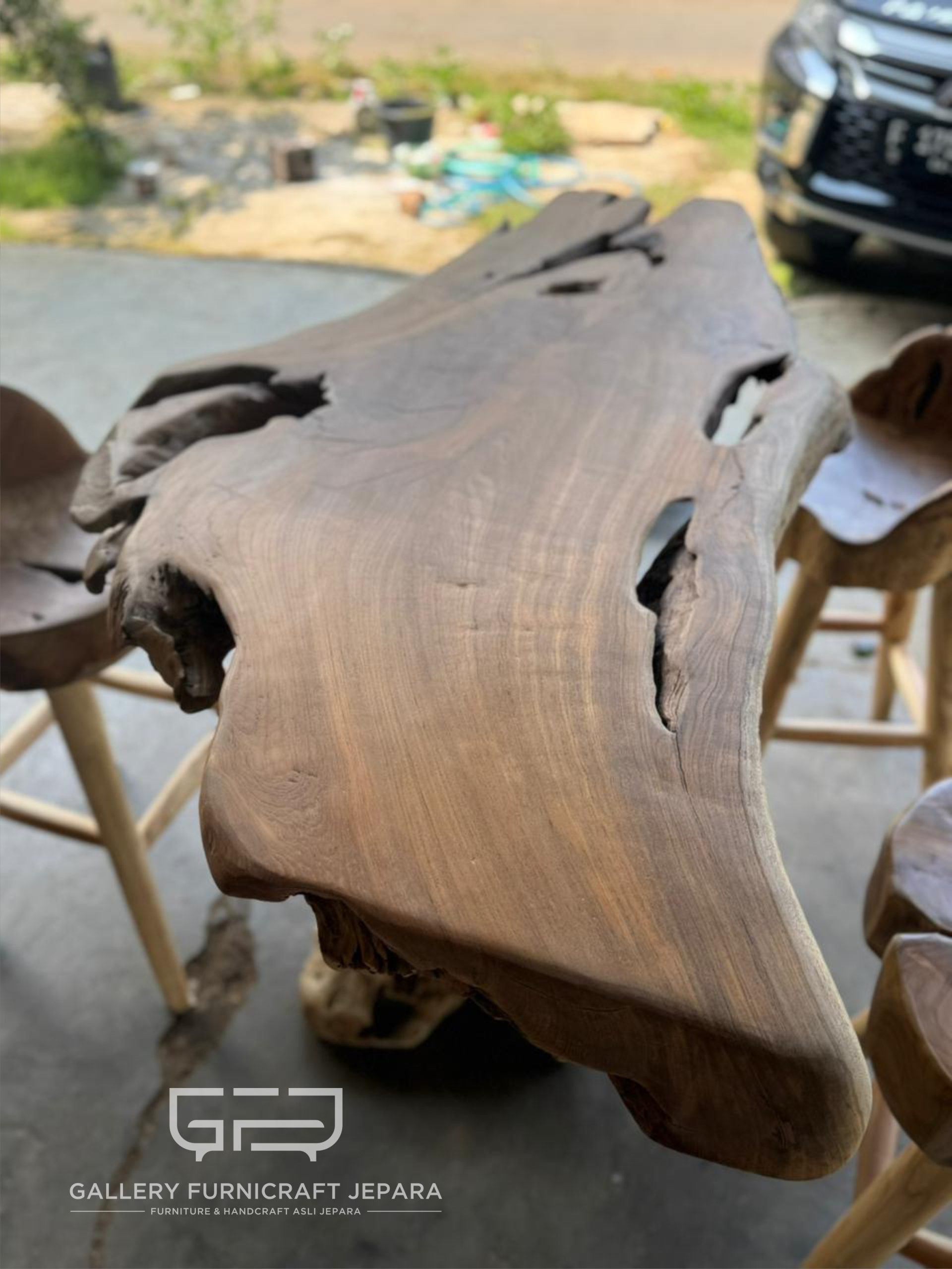 Sett Meja Bar Jati Natural Solid 3 Kursi 160x85x100cm top 7cm @5k 06