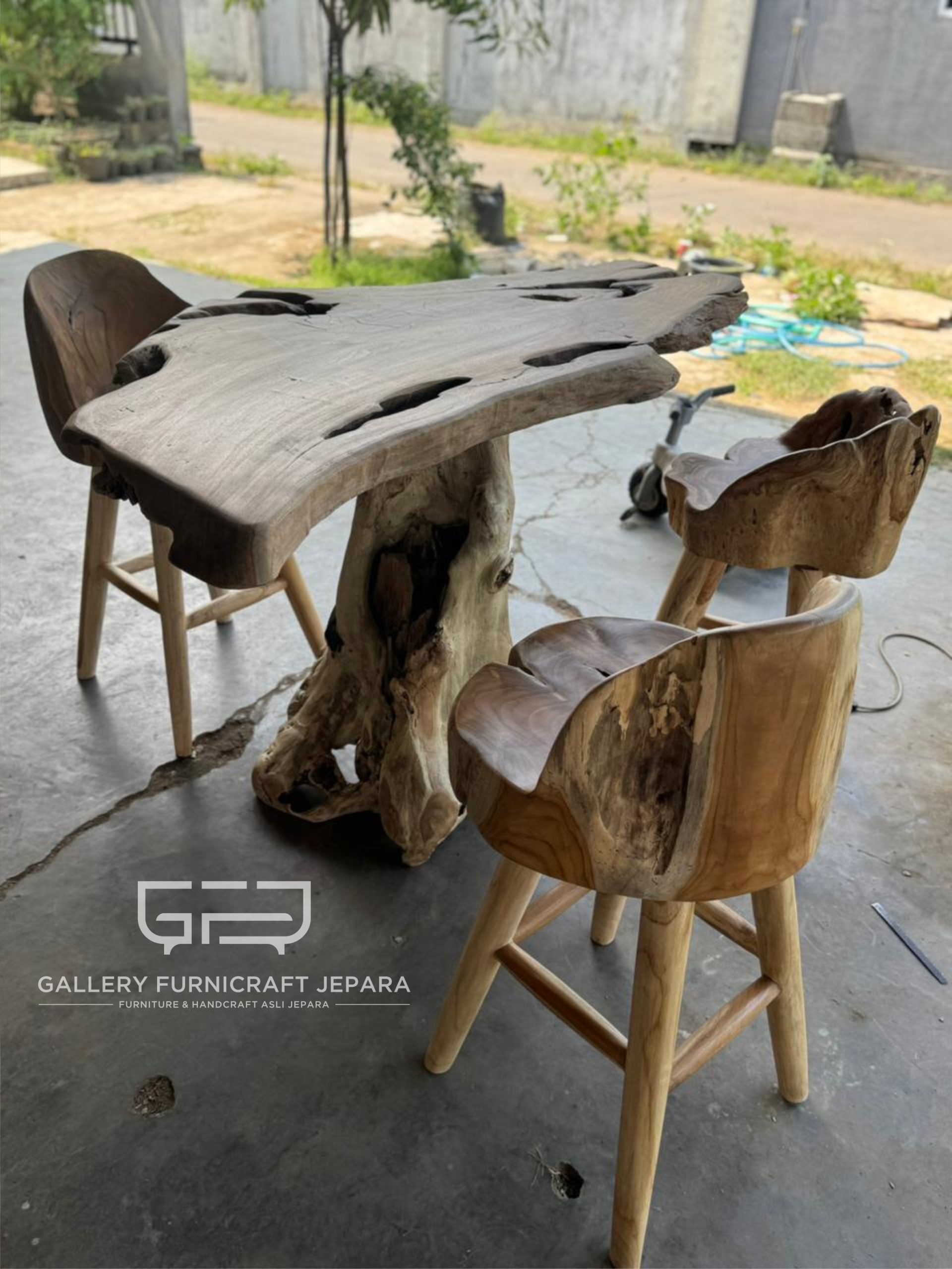 Sett Meja Bar Jati Natural Solid 3 Kursi 160x85x100cm top 7cm @5k 08