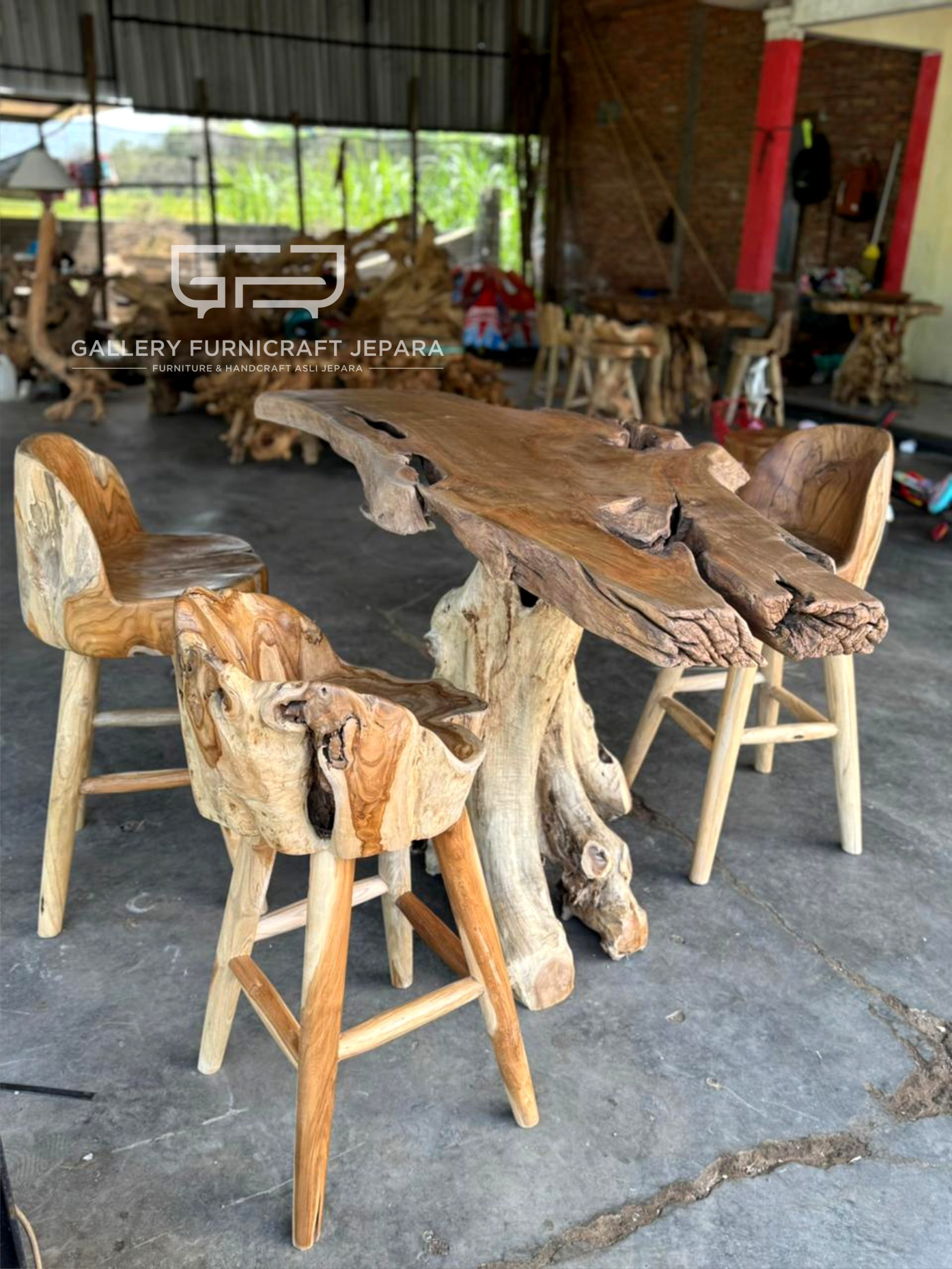 Sett Meja Bar Jati Natural Solid 3 Kursi 160x85x100cm top 7cm @5k