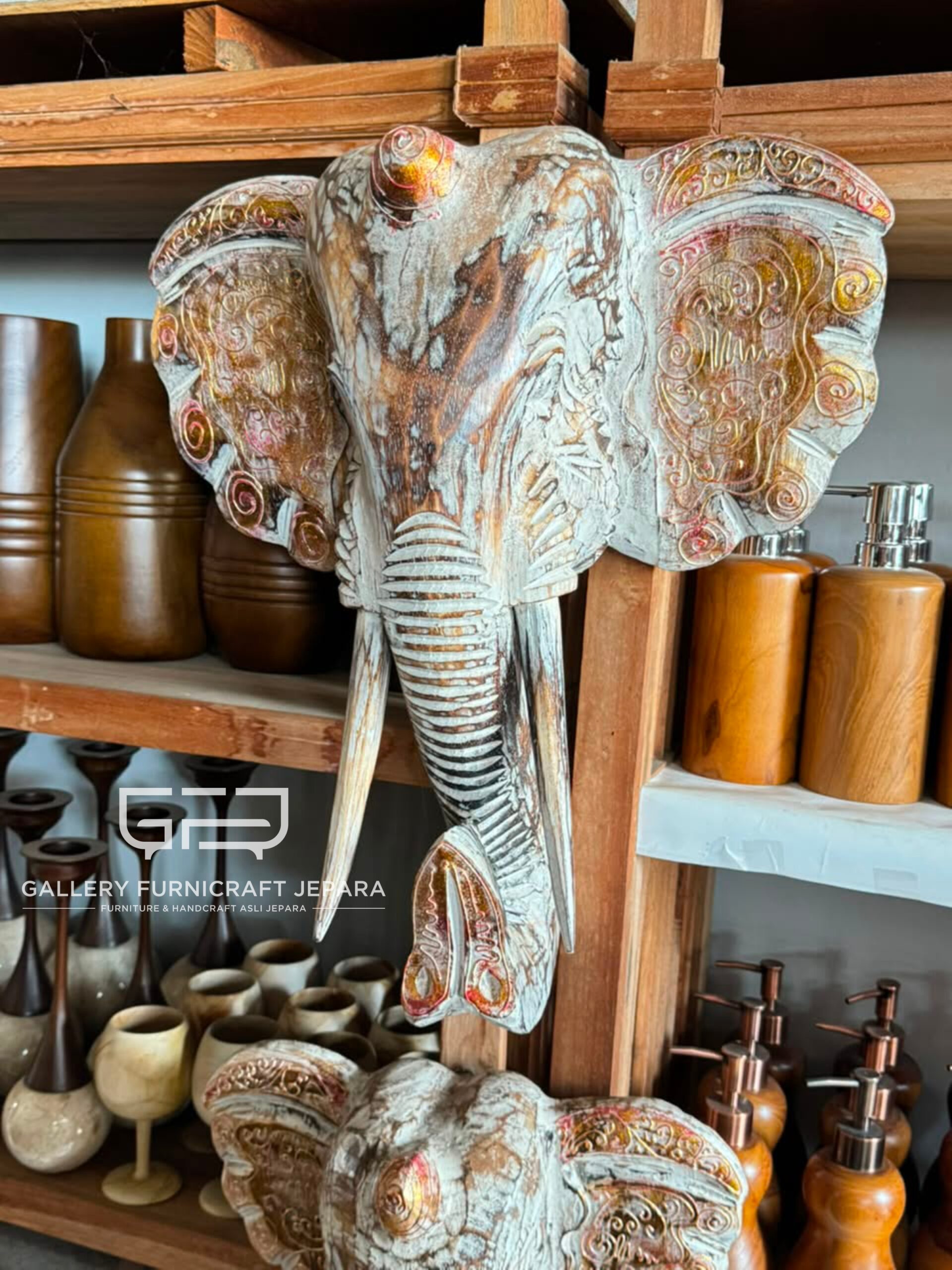 Set 3 Hiasan Dinding Gajah Kayu Jati Ukir Etnik Dekorasi Hotel Villa Rustic White Wash @750 04