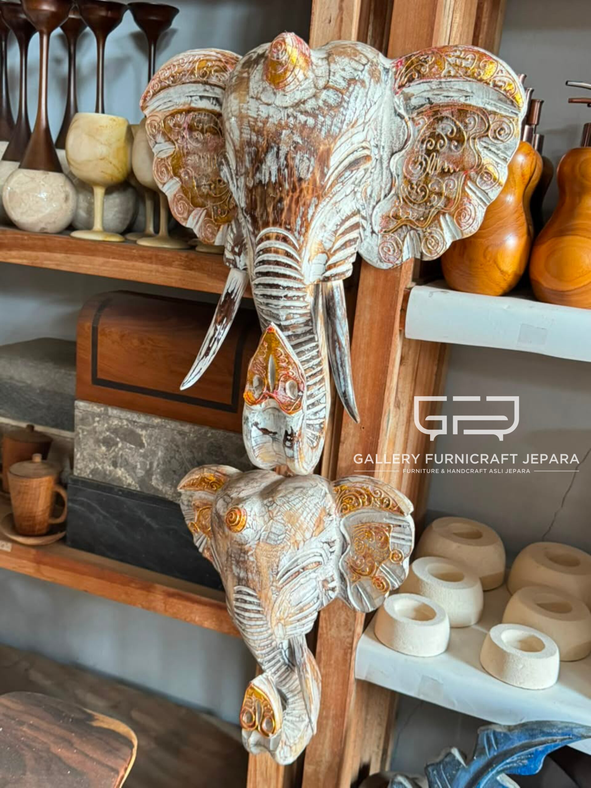 Set 3 Hiasan Dinding Gajah Kayu Jati Ukir Etnik Dekorasi Hotel Villa Rustic White Wash @750 05