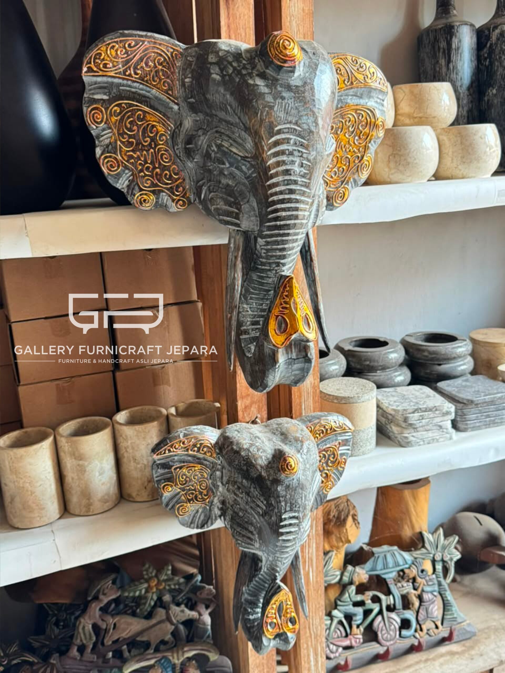 Set 3 Hiasan Dinding Gajah Kayu Jati Ukir Etnik Dekorasi Hotel Villa Rustic White Wash Gold @750 02