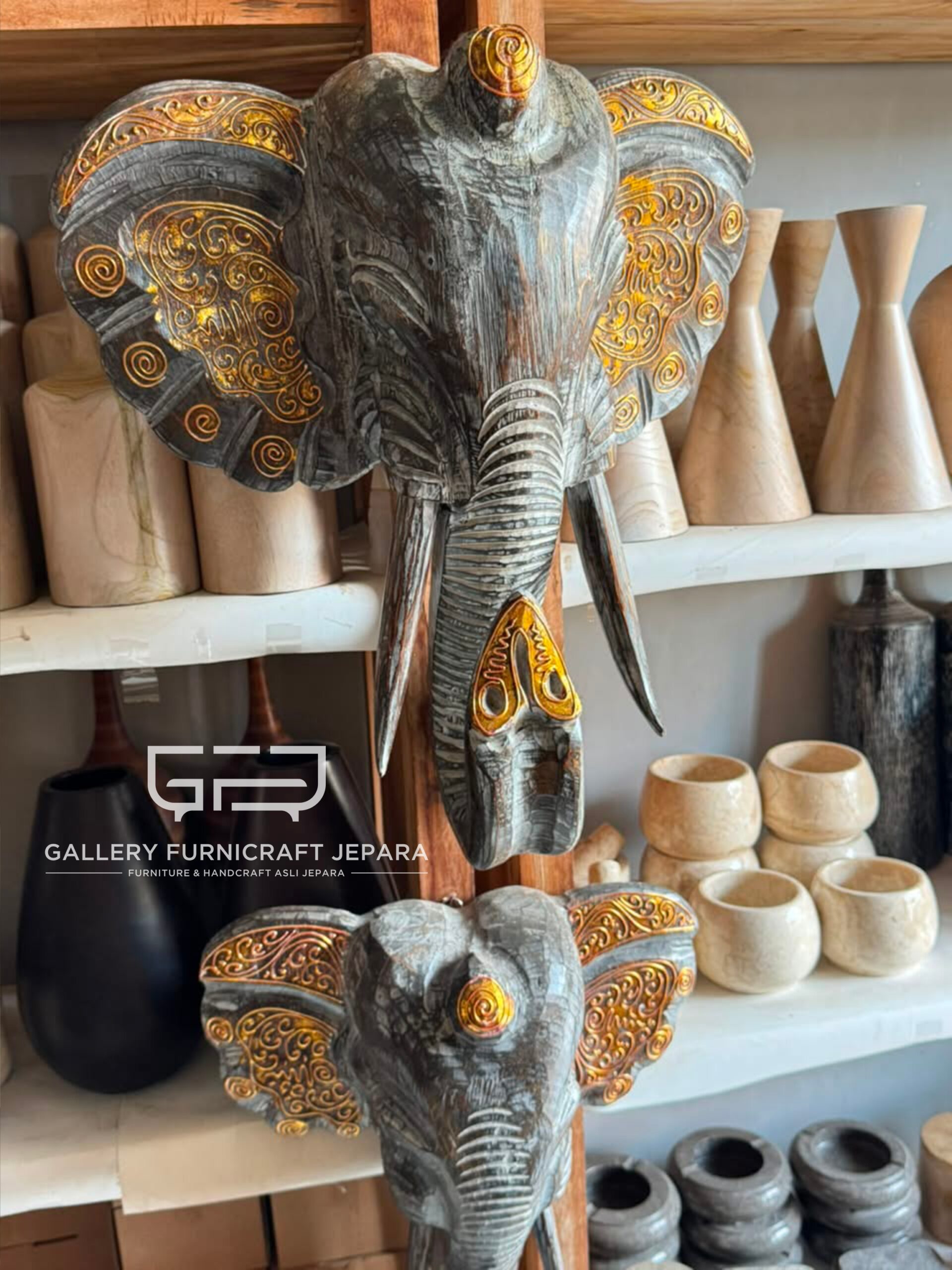 Set 3 Hiasan Dinding Gajah Kayu Jati Ukir Etnik Dekorasi Hotel Villa Rustic White Wash Gold @750